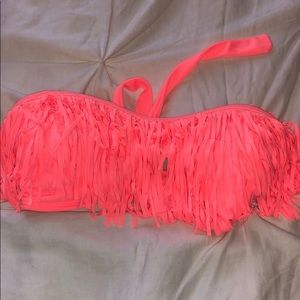 Neon coral fringe bikini top
